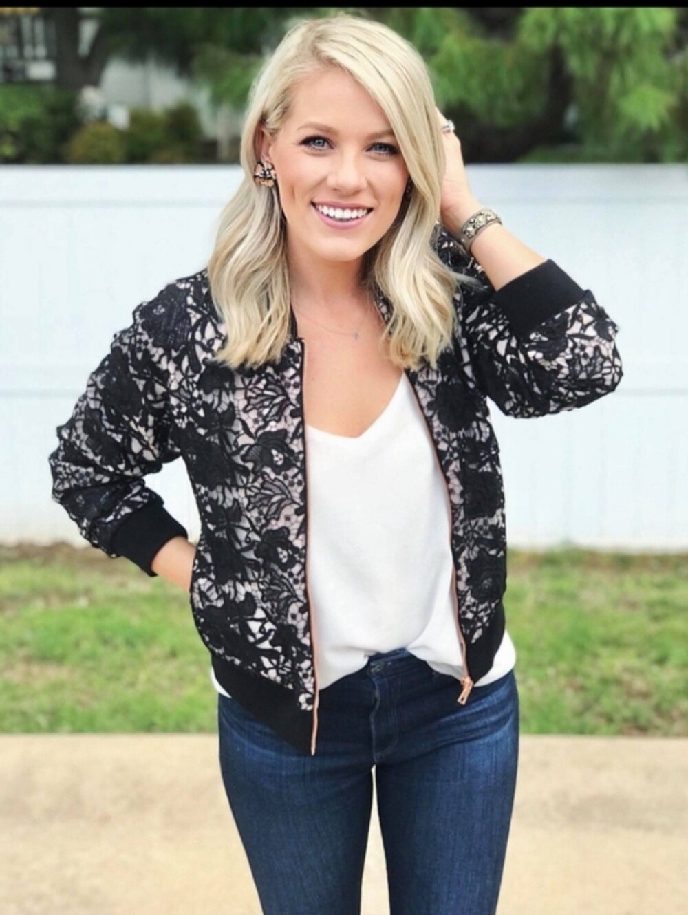 Stella & Dot Danielle Bomber Jacket  Black Lace with Blush Underlayer